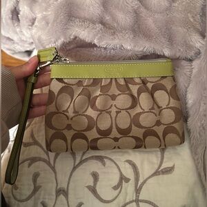 Coach Tan and Green Signature Wristlet
